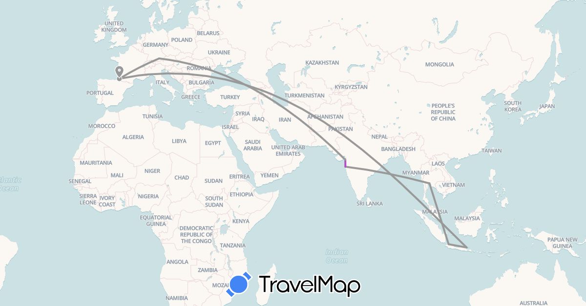 TravelMap itinerary: plane, train in Germany, France, Indonesia, India, Thailand (Asia, Europe)